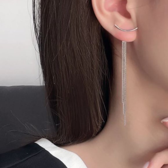 Jewelry - 925 Sterling Silver Thin Long Chain Tassel Drop Bar Earrings